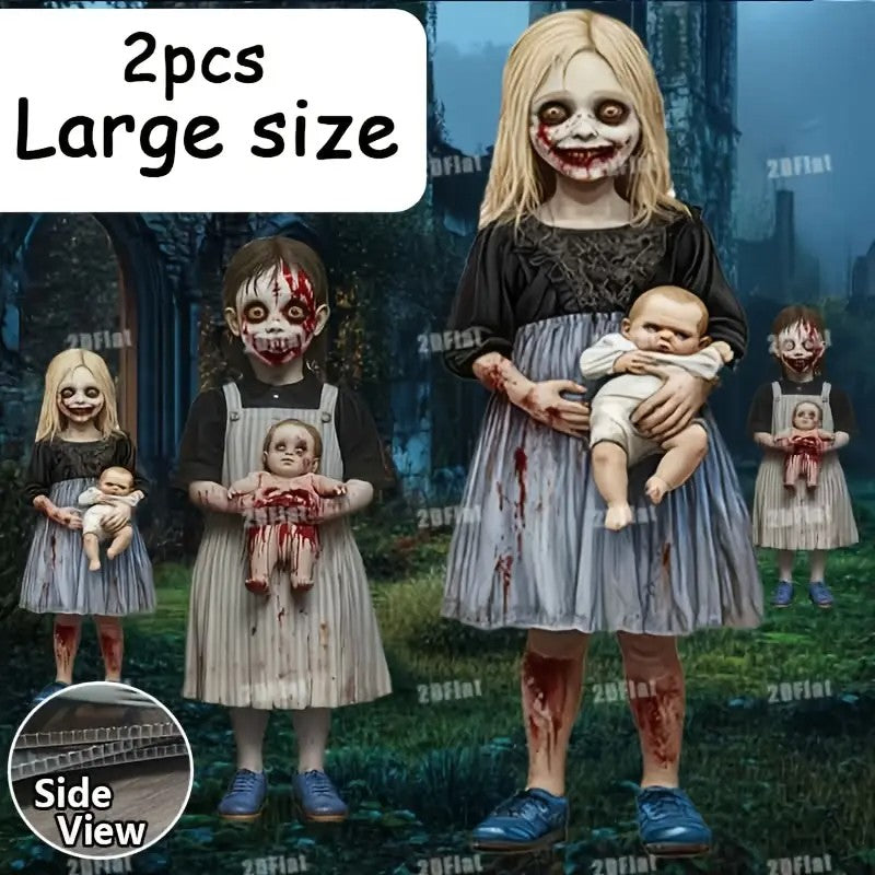 2pcs Halloween Yard Signs - Spooky Zombie Family with Blood-Splattered Clothes