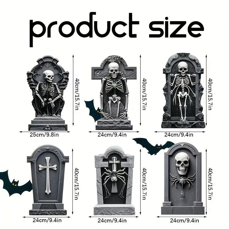 6pcs Halloween Cemetery Decorations - Plastic Grave Markers with Skeleton & Cross Design