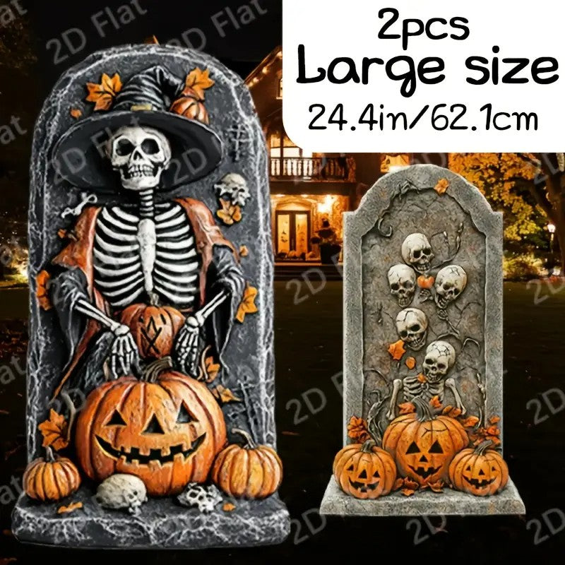 2pcs Large Halloween Tombstone Decorations - Spooky Graveyard Setup with Skeleton
