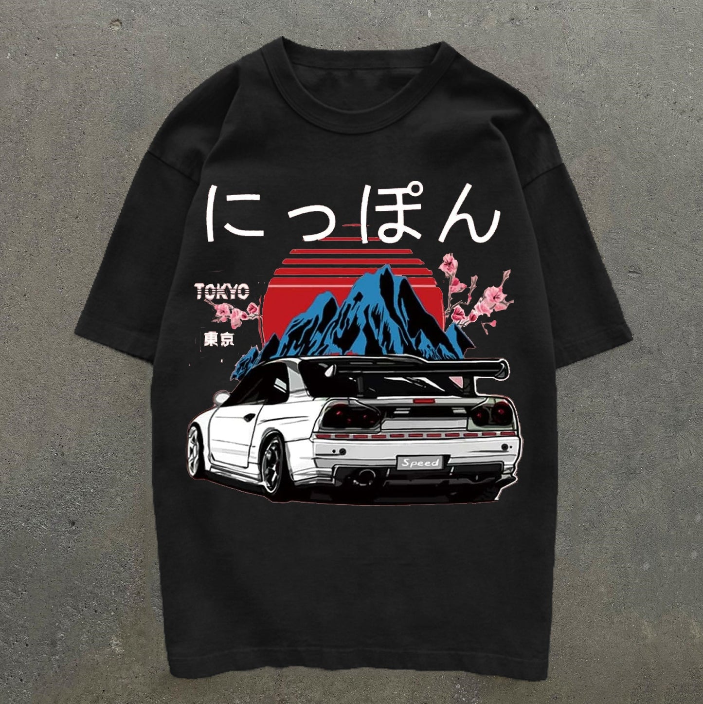 Camiseta de manga corta con estampado japonés y de coches