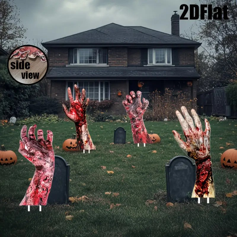 4pcs Zombie Hands Yard Signs - Realistic Bloody Graveyard Decorations with Stake