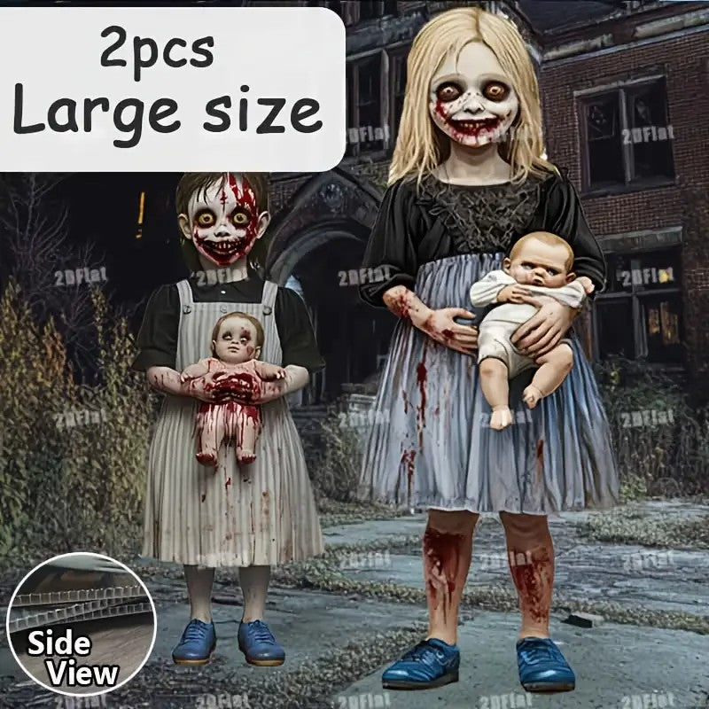 2pcs Halloween Yard Signs - Spooky Zombie Family with Blood-Splattered Clothes