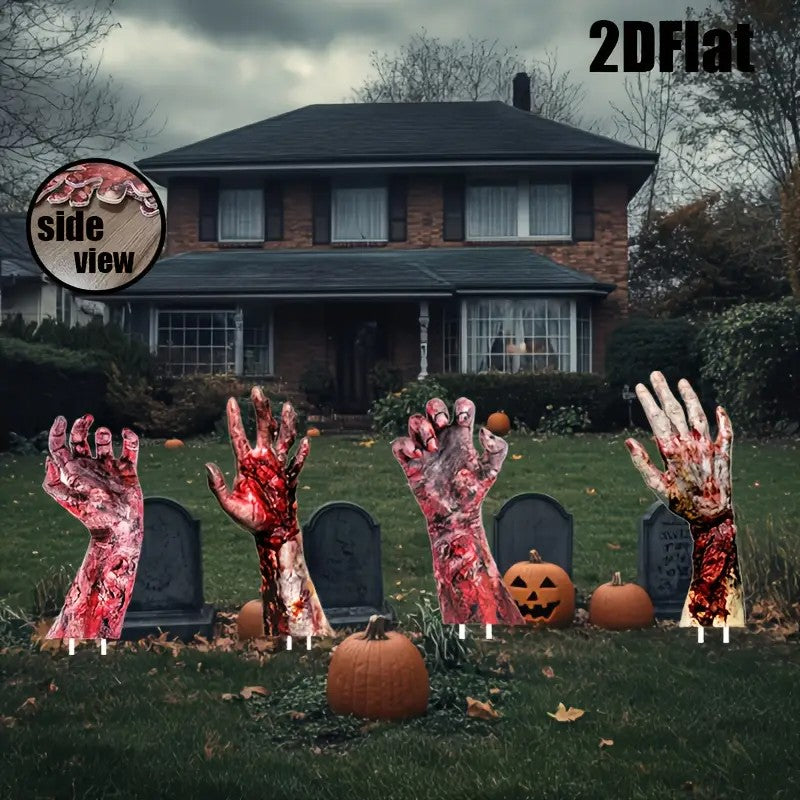 4pcs Zombie Hands Yard Signs - Realistic Bloody Graveyard Decorations with Stake