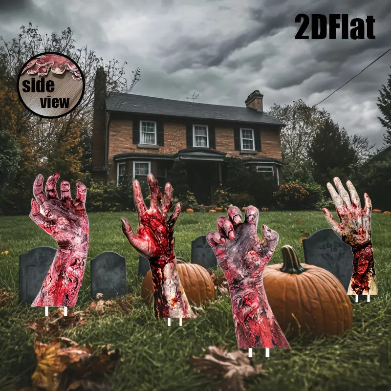 4pcs Zombie Hands Yard Signs - Realistic Bloody Graveyard Decorations with Stake
