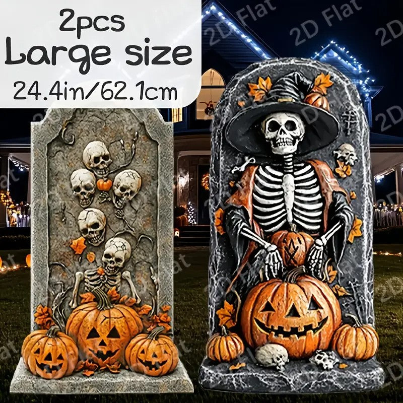 2pcs Large Halloween Tombstone Decorations - Spooky Graveyard Setup with Skeleton