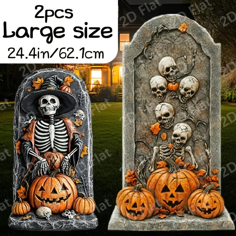 2pcs Large Halloween Tombstone Decorations - Spooky Graveyard Setup with Skeleton