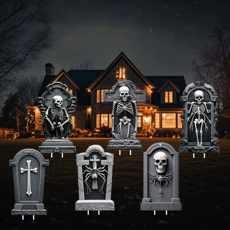 6pcs Halloween Cemetery Decorations - Plastic Grave Markers with Skeleton & Cross Design