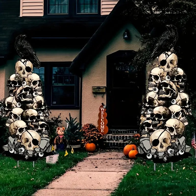 2D Large Skull & Crow Halloween Yard Signs with Stakes