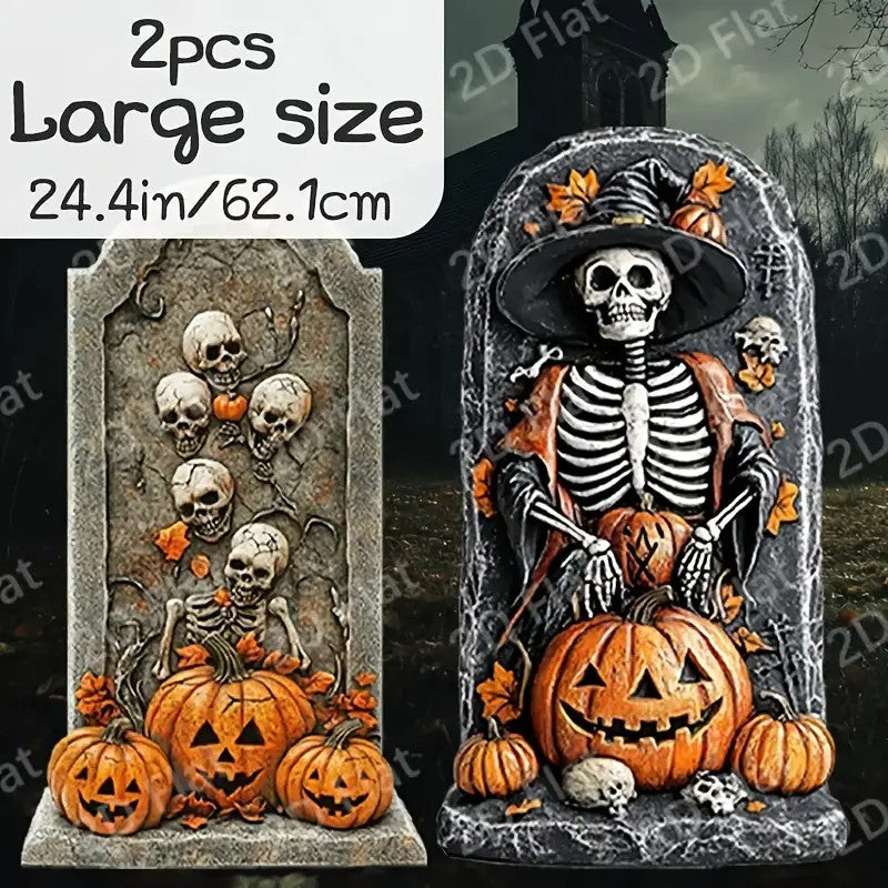 2pcs Large Halloween Tombstone Decorations - Spooky Graveyard Setup with Skeleton