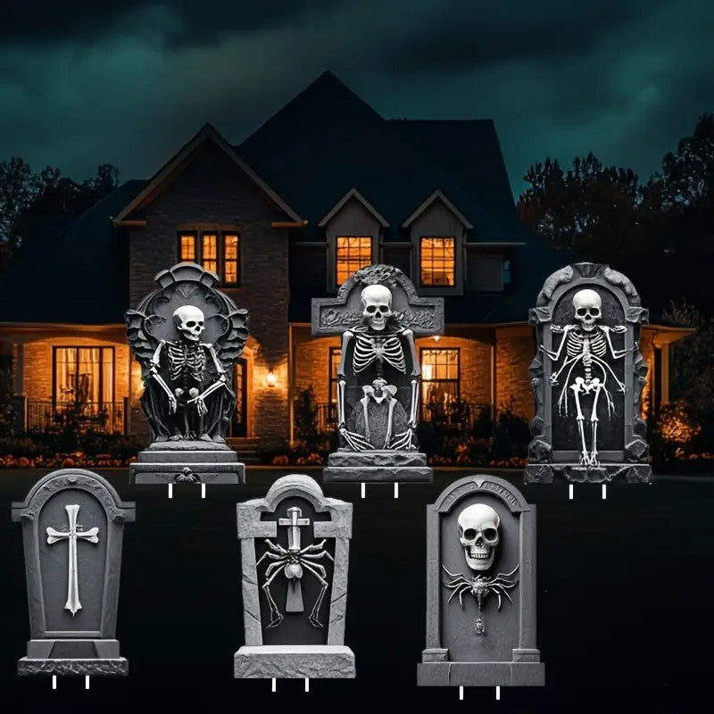 6pcs Halloween Cemetery Decorations - Plastic Grave Markers with Skeleton & Cross Design