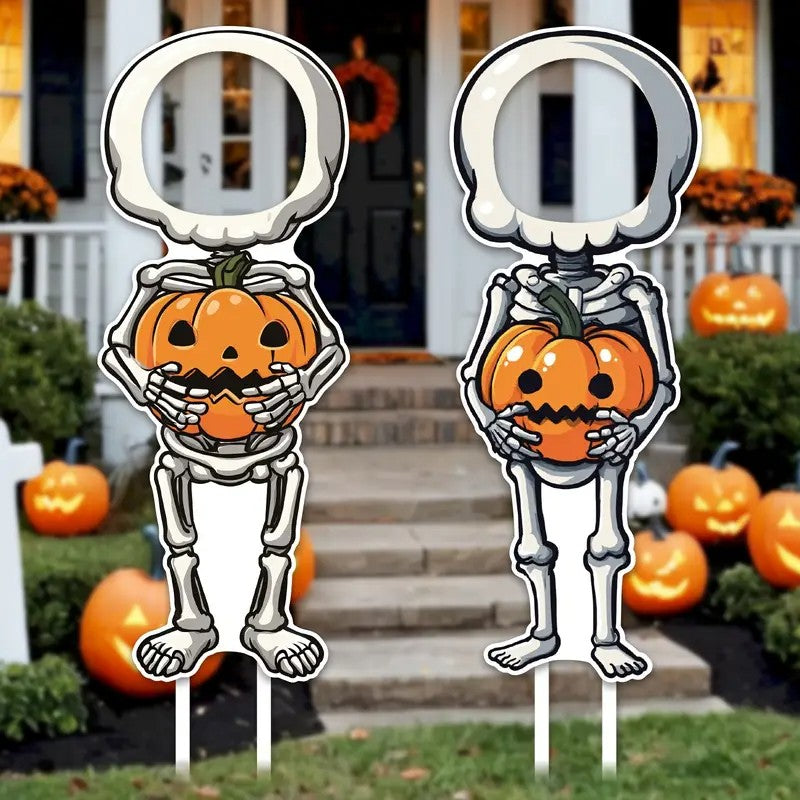 2pcs APUNGA Halloween Lawn Decorations - Friendly Skeletons Holding Jack-O-Lanterns, Spooky Yard Signs with Stakes