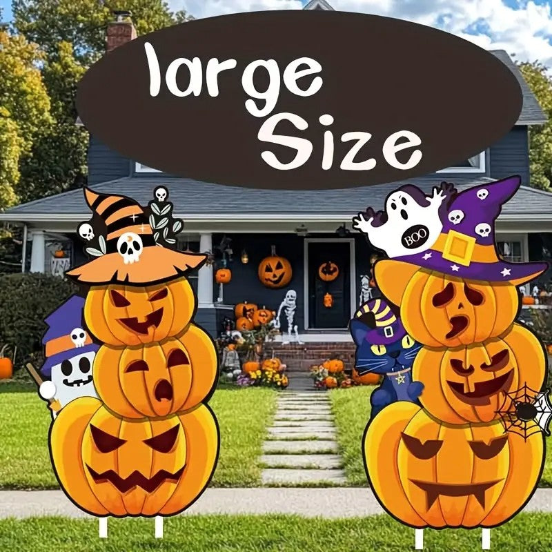 2 Sets of Large Halloween Outdoor Yard Signs with Wooden Stakes - Large Pumpkin Garden Wooden Stakes