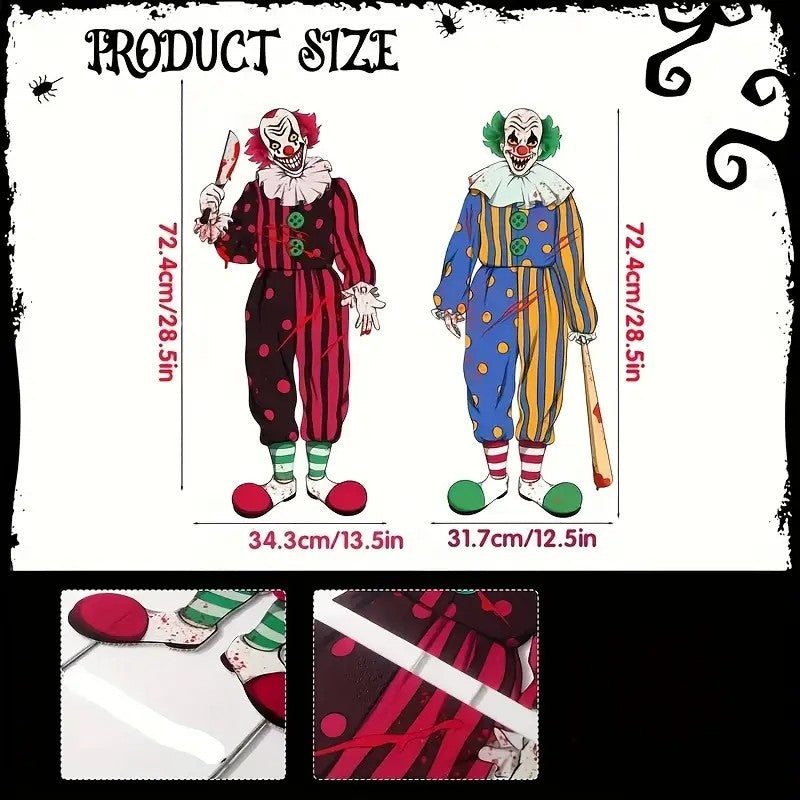 2pcs Halloween Outdoor Decorations - Horror Clown Yard Sign with Wooden Stake