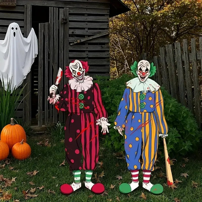 2pcs Halloween Outdoor Decorations - Horror Clown Yard Sign with Wooden Stake