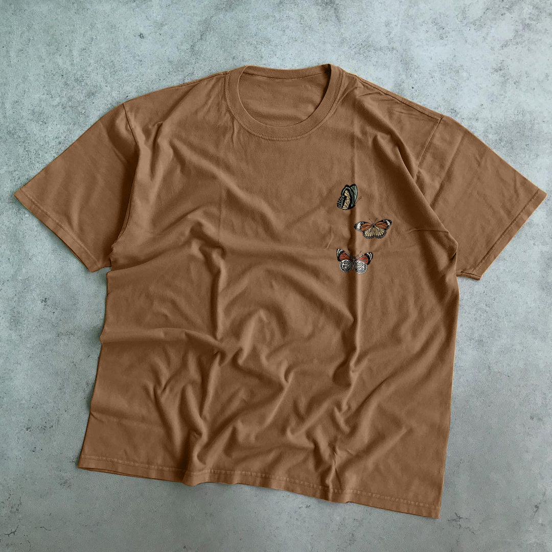 Camiseta holgada informal retro de moda con estampado de mariposas de manga corta