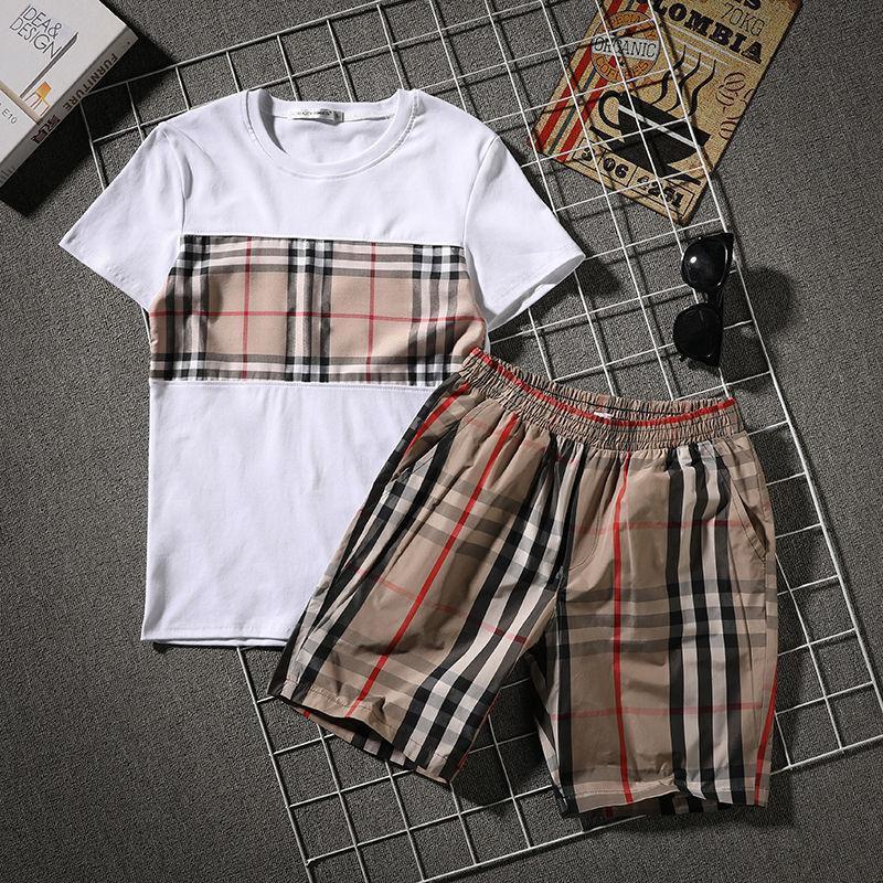 Street Plaid Try Stitching Trend Shorts Kurzarm-T-Shirt-Anzug