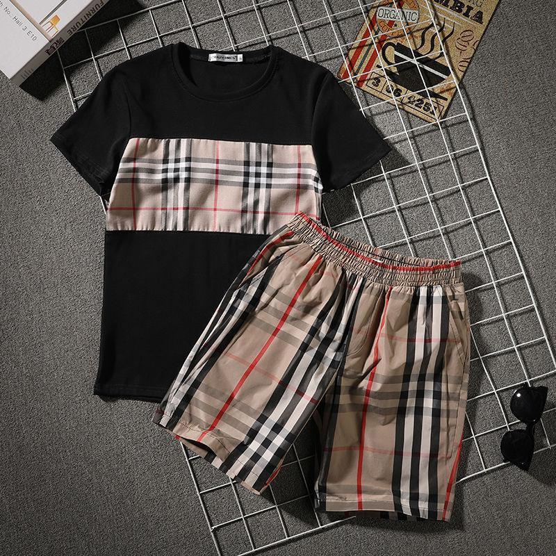 Street Plaid Try Stitching Trend Shorts Kurzarm-T-Shirt-Anzug