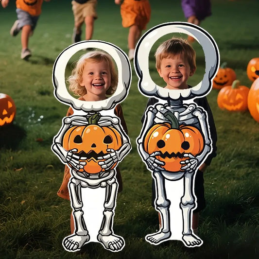 2pcs APUNGA Halloween Lawn Decorations - Friendly Skeletons Holding Jack-O-Lanterns, Spooky Yard Signs with Stakes