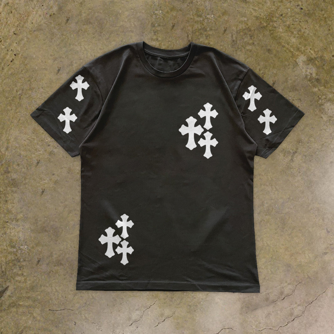 Camiseta de manga corta vintage informal con cruz de fe