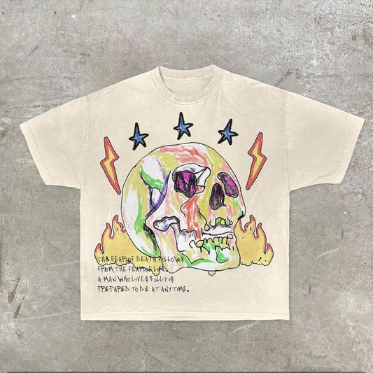 Camiseta holgada de manga corta con estampado de calaveras de dibujos animados de estilo callejero