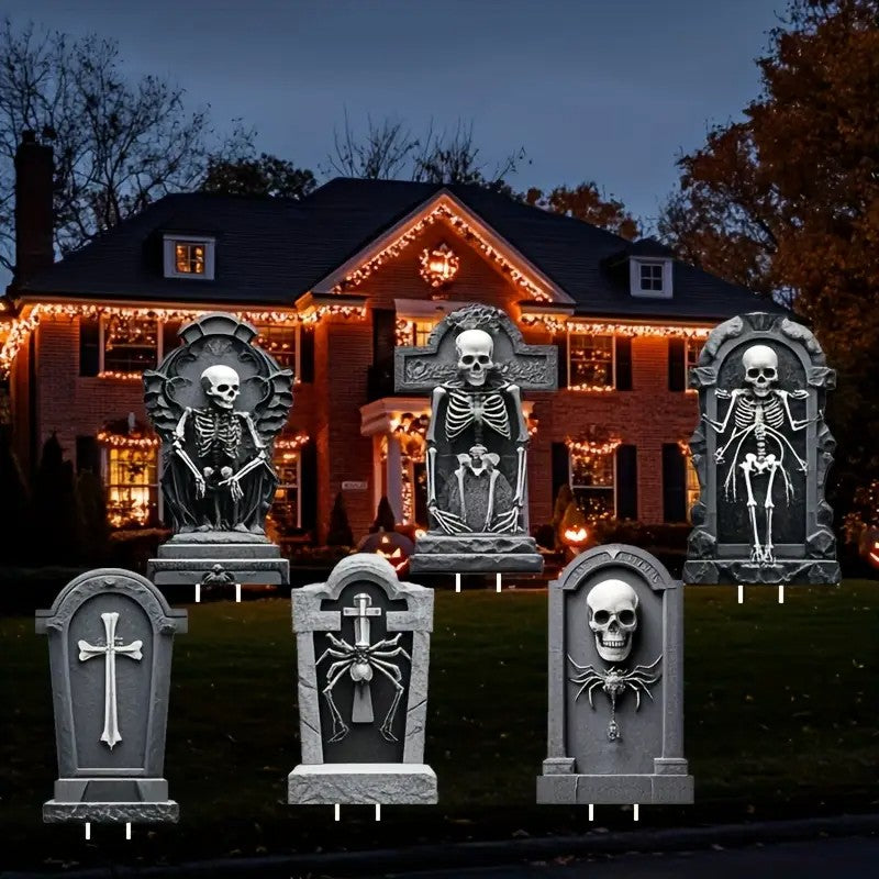 6pcs Halloween Cemetery Decorations - Plastic Grave Markers with Skeleton & Cross Design