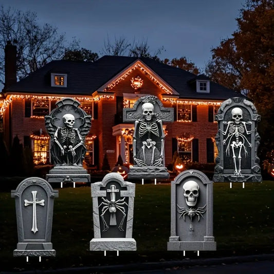 6pcs Halloween Cemetery Decorations - Plastic Grave Markers with Skeleton & Cross Design