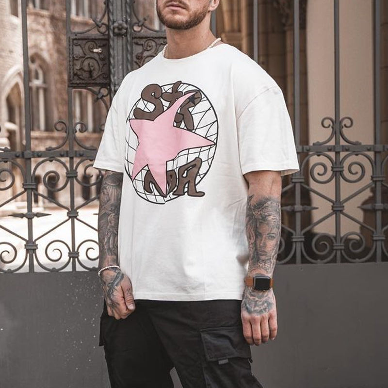 Camiseta holgada de cuello redondo con estampado de estrellas de la moda