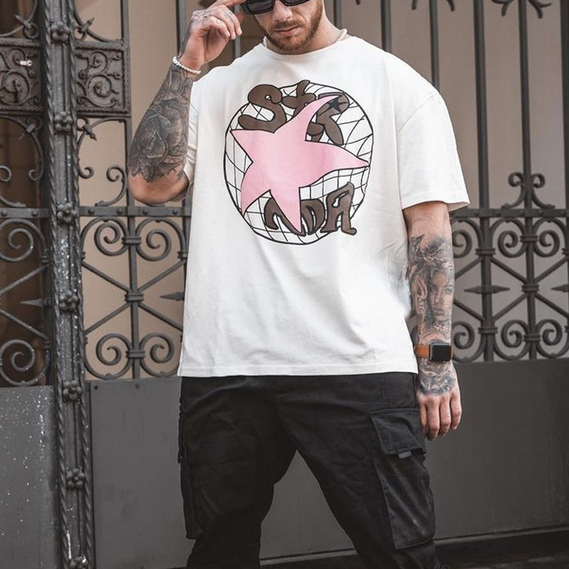 Camiseta holgada de cuello redondo con estampado de estrellas de la moda