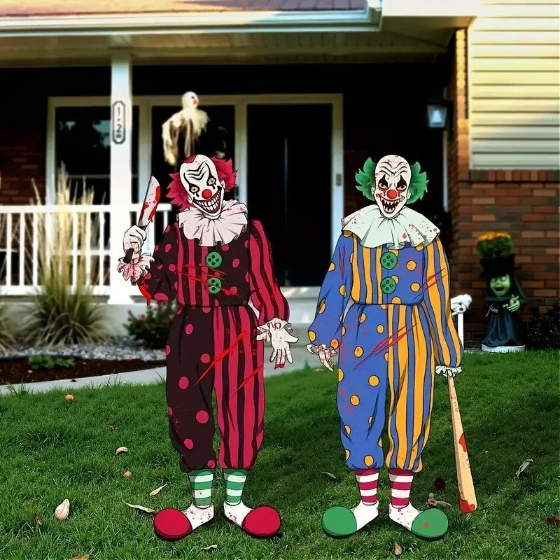 2pcs Halloween Outdoor Decorations - Horror Clown Yard Sign with Wooden Stake