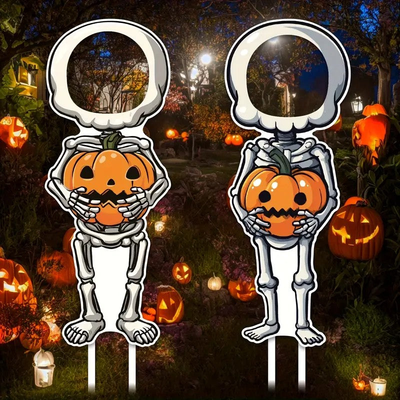 2pcs APUNGA Halloween Lawn Decorations - Friendly Skeletons Holding Jack-O-Lanterns, Spooky Yard Signs with Stakes