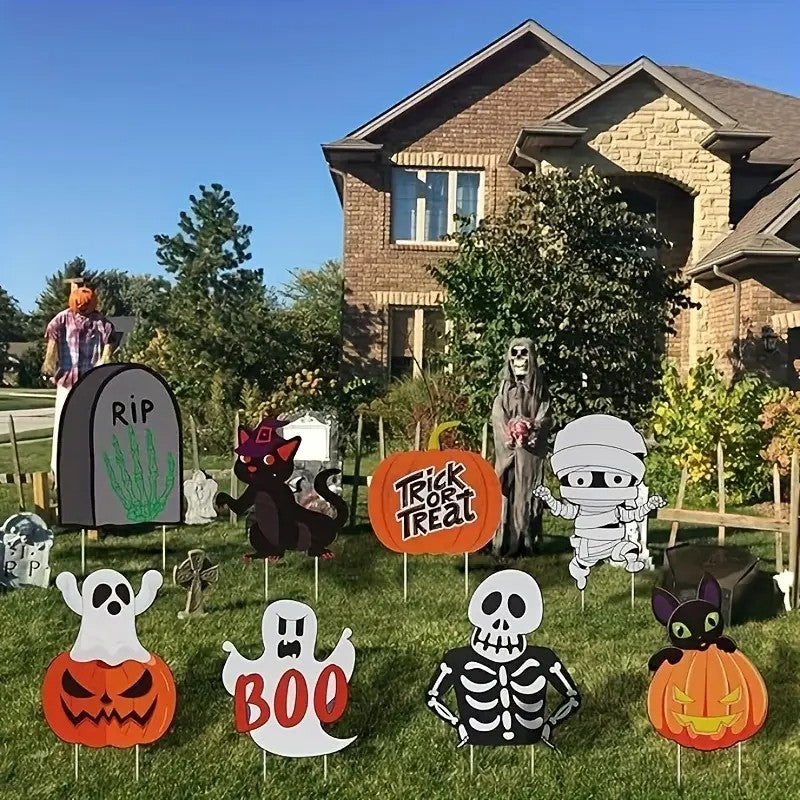 2D Flat Halloween Decoration Outdoor, 8pcs Halloween Yard Sign with Stakes