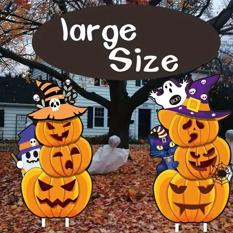 2 Sets of Large Halloween Outdoor Yard Signs with Wooden Stakes - Large Pumpkin Garden Wooden Stakes