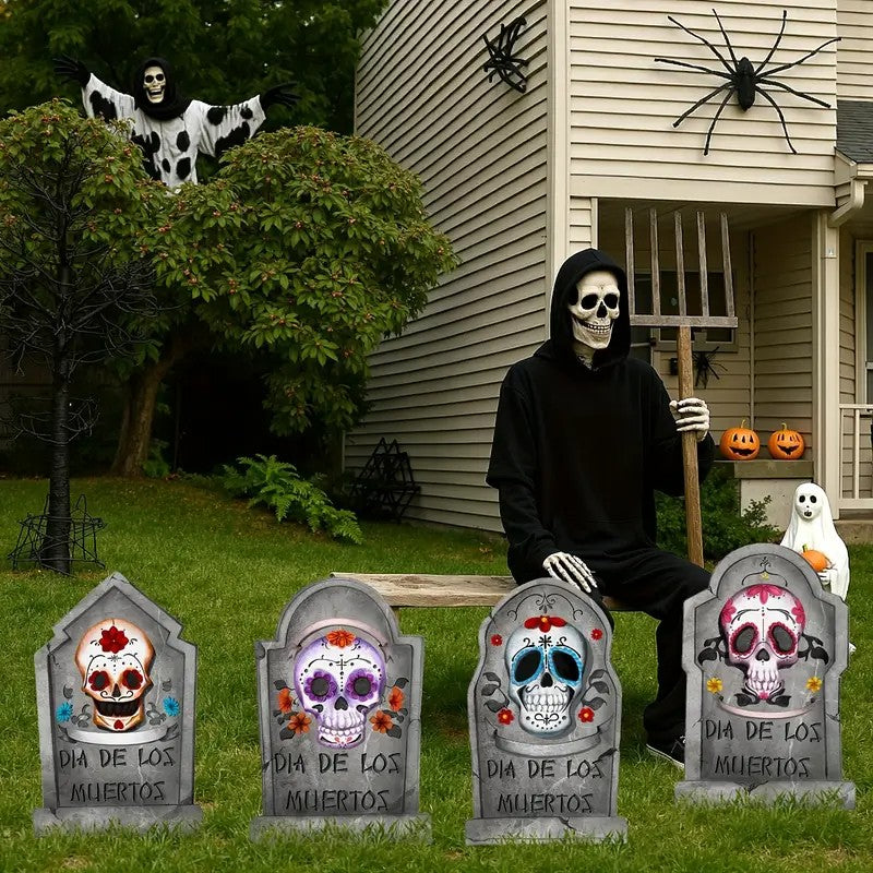 4pcs Large Halloween Skeleton Grave Decorations with Wooden Stakes