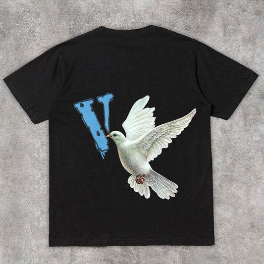 Camiseta de manga corta con estampado de palomas de moda urbana