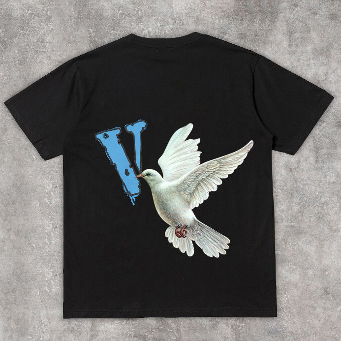 Camiseta de manga corta con estampado de palomas de moda urbana