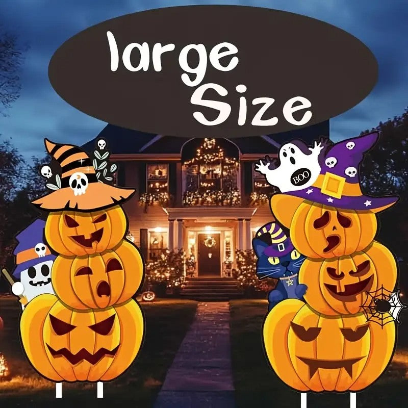 2 Sets of Large Halloween Outdoor Yard Signs with Wooden Stakes - Large Pumpkin Garden Wooden Stakes