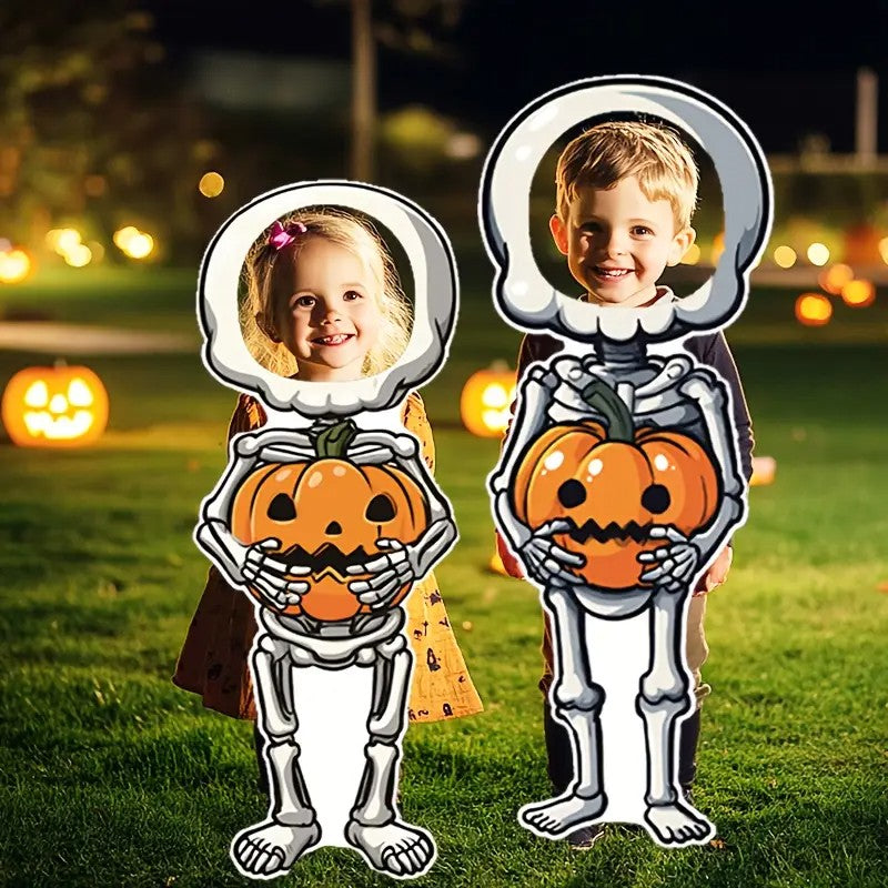 2pcs APUNGA Halloween Lawn Decorations - Friendly Skeletons Holding Jack-O-Lanterns, Spooky Yard Signs with Stakes