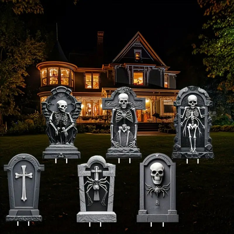 6pcs Halloween Cemetery Decorations - Plastic Grave Markers with Skeleton & Cross Design