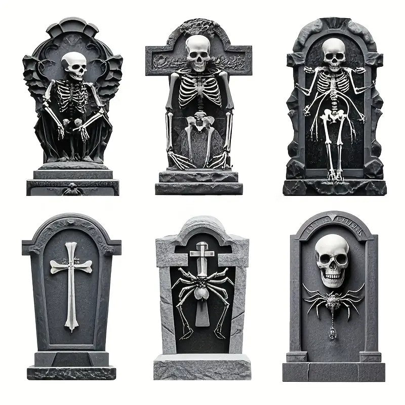 6pcs Halloween Cemetery Decorations - Plastic Grave Markers with Skeleton & Cross Design