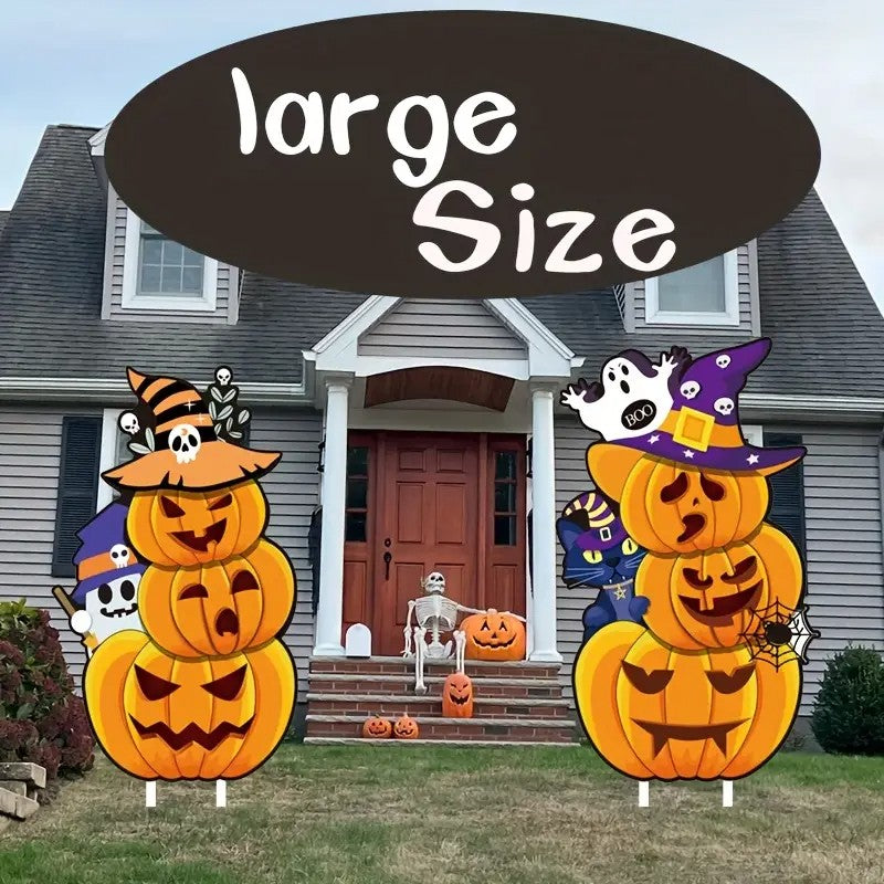 2 Sets of Large Halloween Outdoor Yard Signs with Wooden Stakes - Large Pumpkin Garden Wooden Stakes