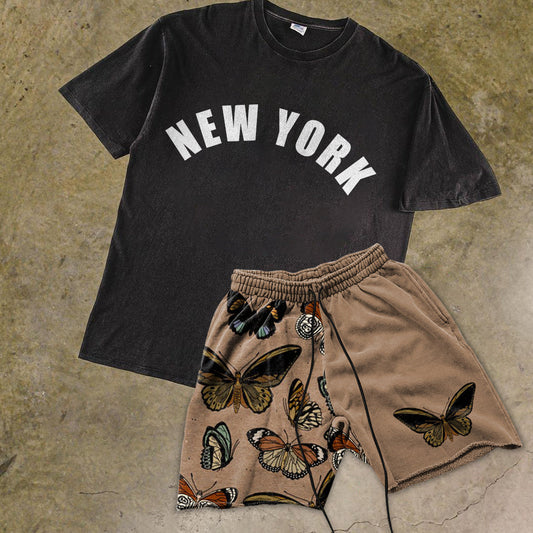 Conjunto de camiseta y pantalones cortos con estampado de mariposas y estampado gráfico de Nueva York vintage