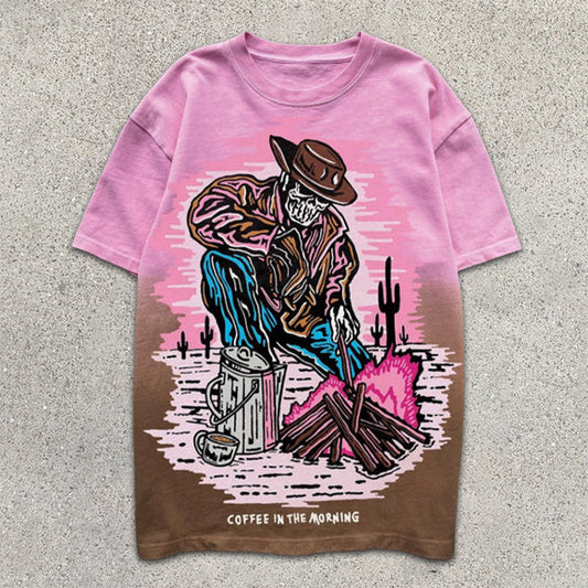 Kurzärmliges T-Shirt mit Farbverlauf und Totenkopf Grafik