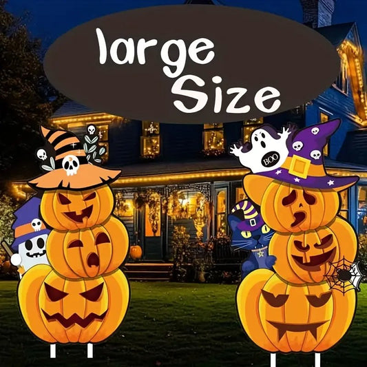 2 Sets of Large Halloween Outdoor Yard Signs with Wooden Stakes - Large Pumpkin Garden Wooden Stakes