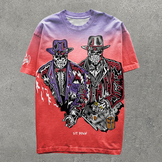Camiseta informal de manga corta con estampado de calaveras en degradado