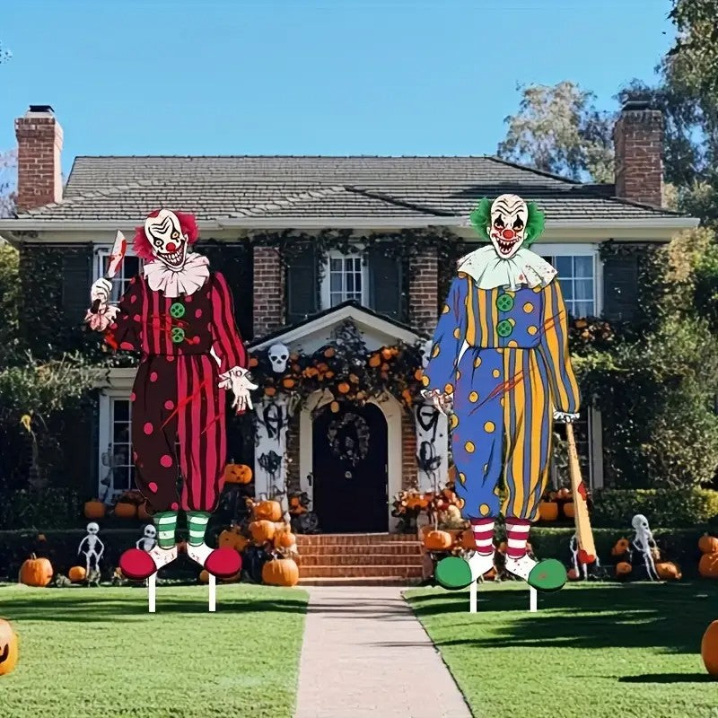 2pcs Halloween Outdoor Decorations - Horror Clown Yard Sign with Wooden Stake