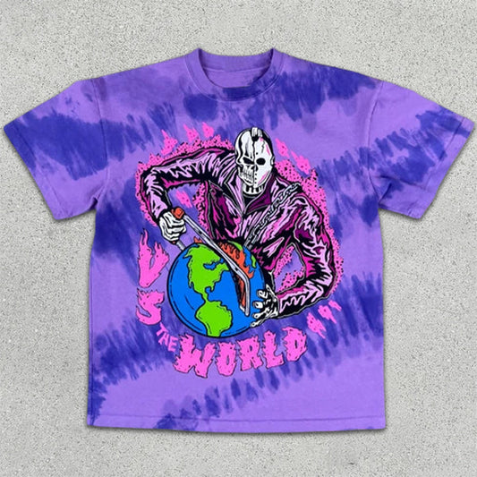 Kurzärmliges T-Shirt mit Batikmuster und Totenkopf-Print