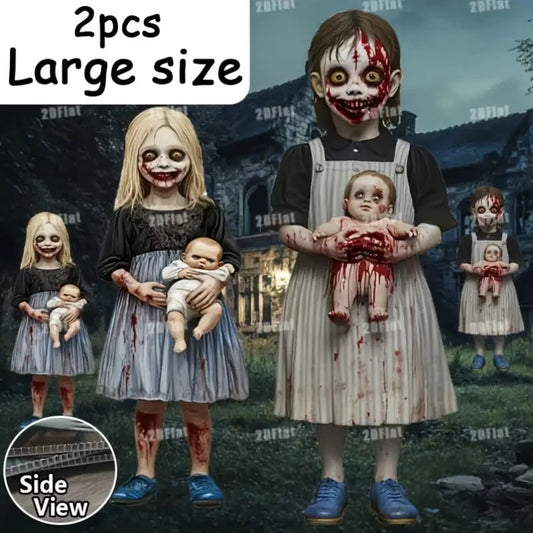 2pcs Halloween Yard Signs - Spooky Zombie Family with Blood-Splattered Clothes