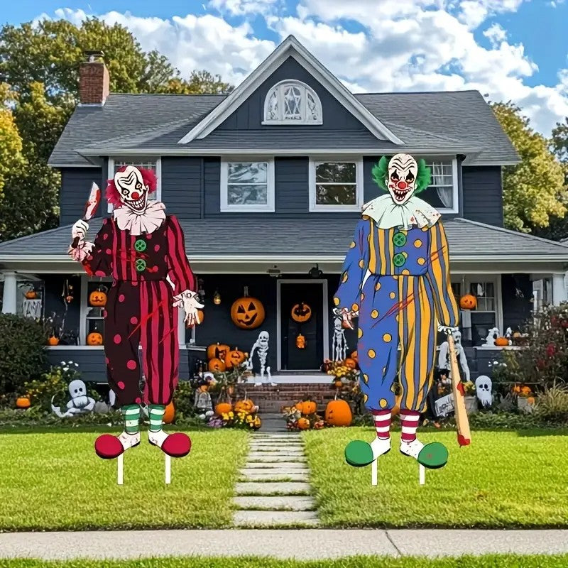 2pcs Halloween Outdoor Decorations - Horror Clown Yard Sign with Wooden Stake
