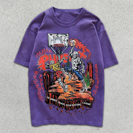 Kurzärmliges T-Shirt mit Basketball-Grafikdruck und Totenkopf