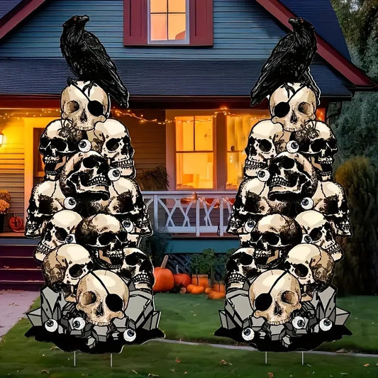 2D Large Skull & Crow Halloween Yard Signs with Stakes